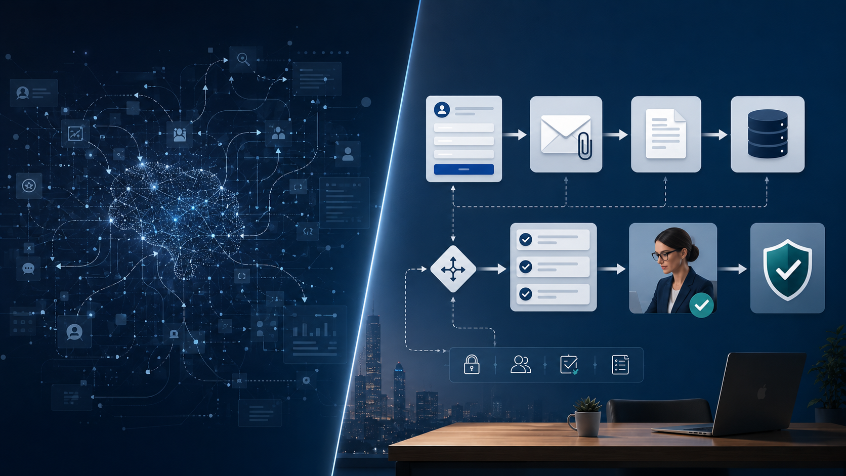 A tangled, sprawling autonomous AI agent on the left, contrasted with a clean, bounded workflow on the right that runs through a human reviewer and a security check.